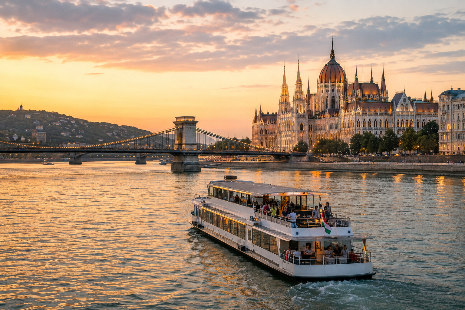 Budapest Danube cruise at sunset passing the Hungarian Parliament Building and Chain Bridge.