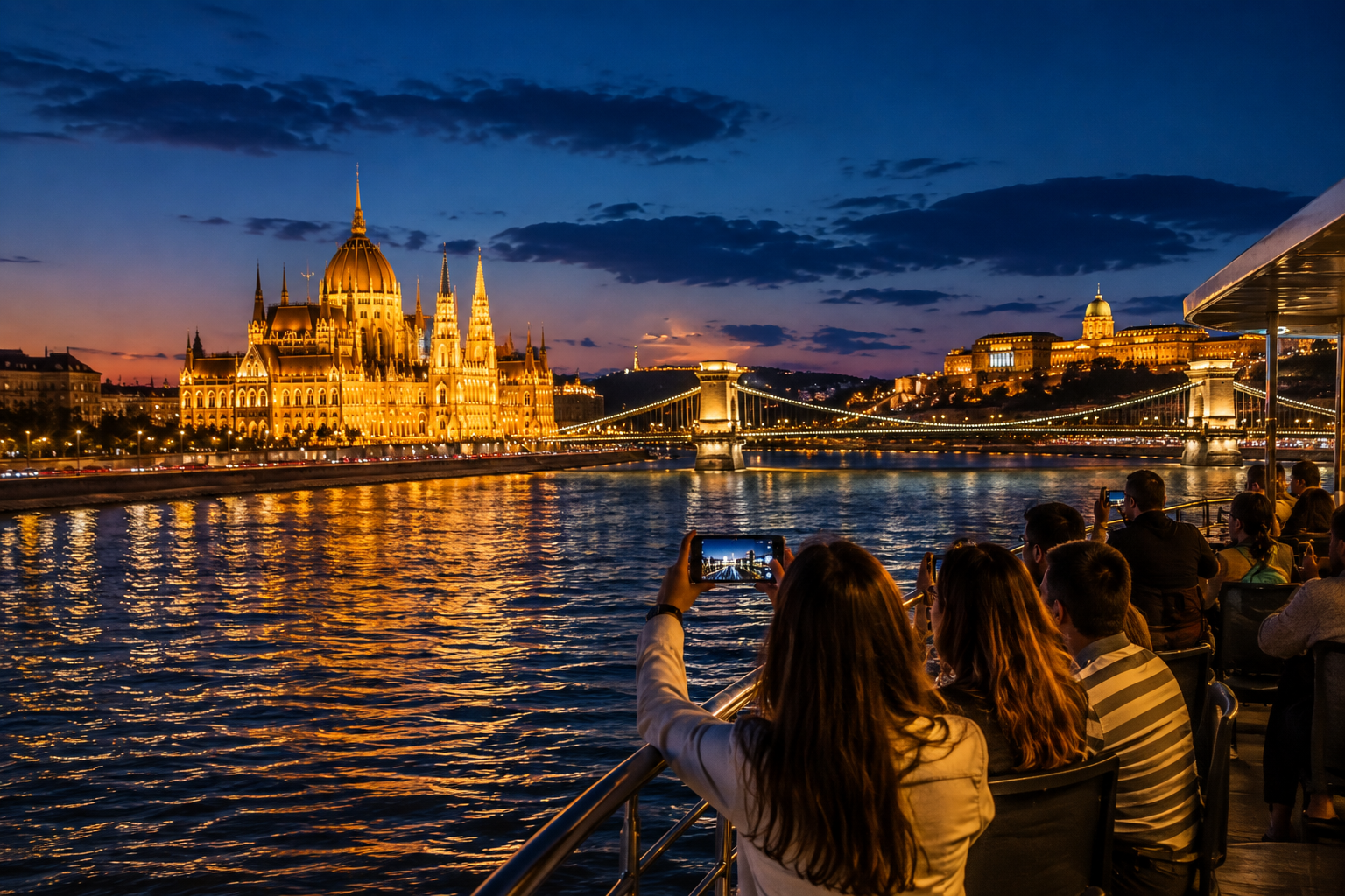 Budapest Danube night cruise with passengers viewing the illuminated Hungarian Parliament Building, Chain Bridge and Buda Castle from the river.