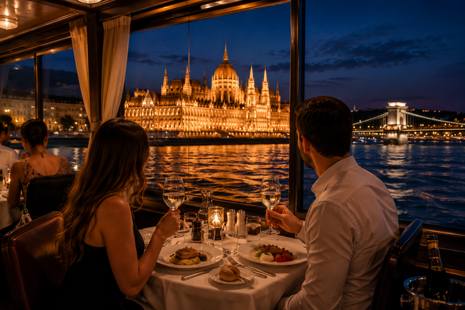 Couple enjoying a Budapest Danube dinner cruise at night with views of the illuminated Hungarian Parliament Building and Chain Bridge.