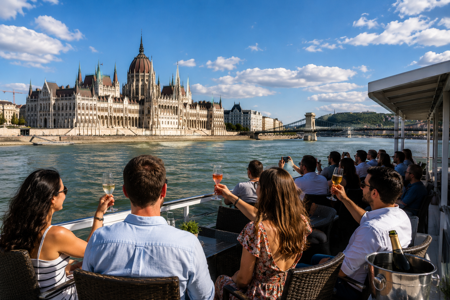 Guests enjoying drinks on a Budapest Danube cruise with views of the Hungarian Parliament Building and Chain Bridge.