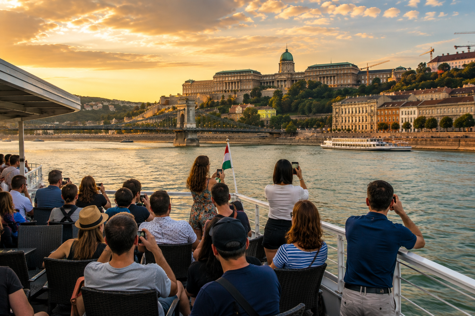 Buda Castle and Chain Bridge viewed from a Budapest Danube cruise with passengers sightseeing from the boat.