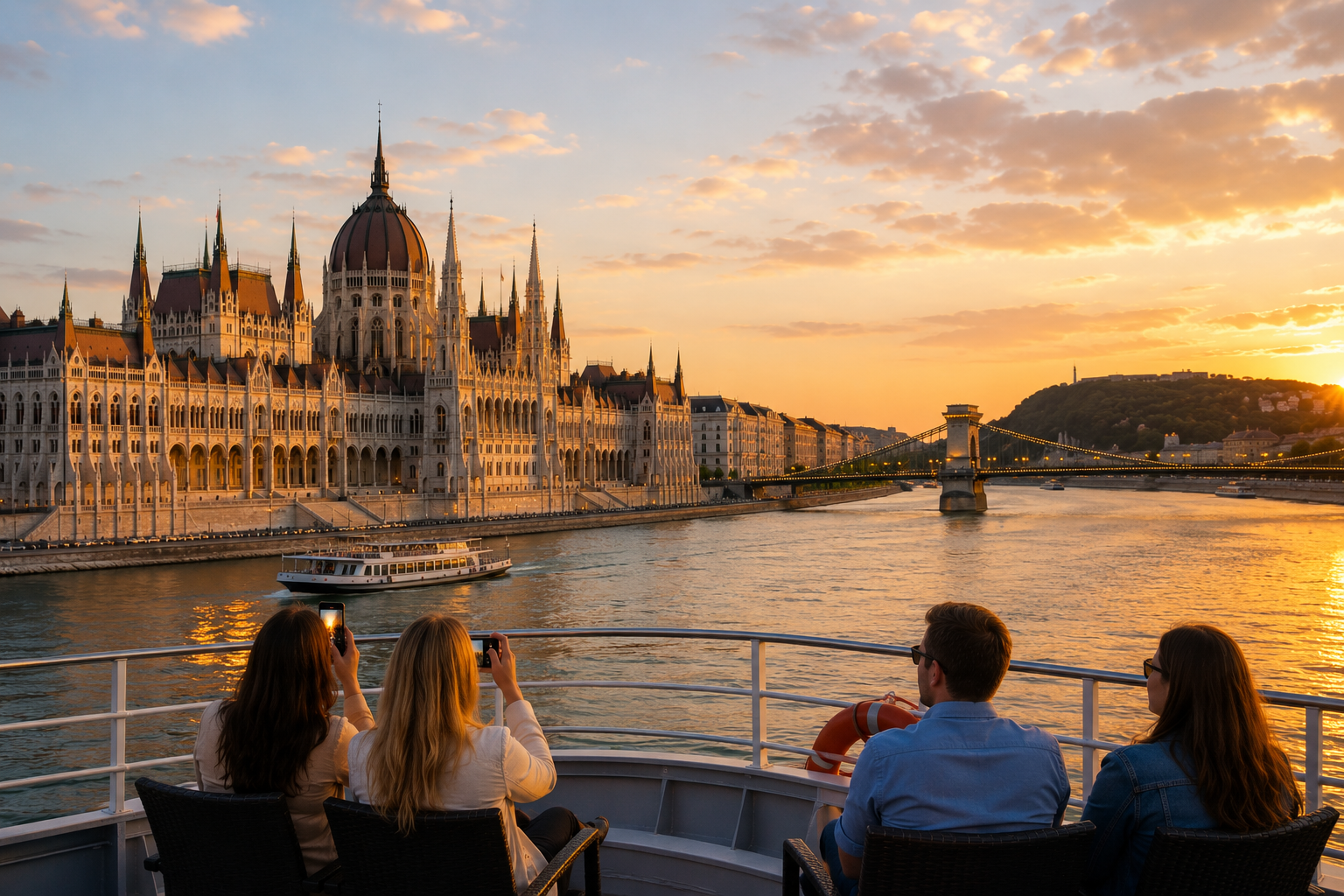 Passengers enjoying a Budapest Danube sunset cruise with views of the Hungarian Parliament Building and Chain Bridge.
