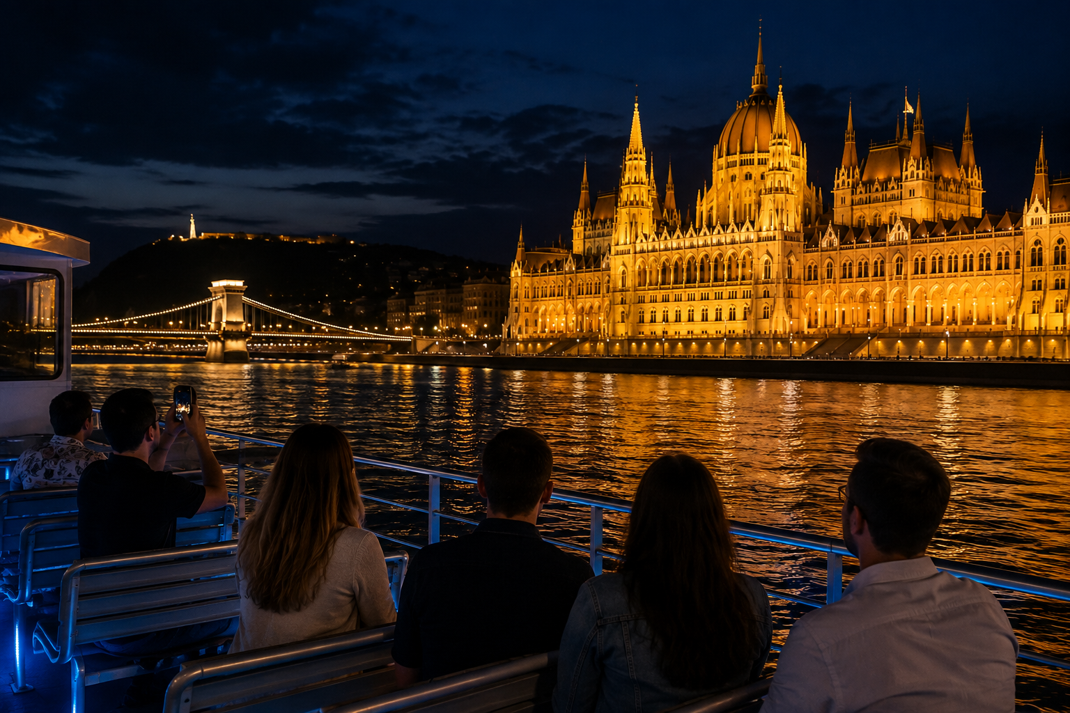 Passengers on a Budapest Danube night cruise viewing the illuminated Hungarian Parliament Building and Chain Bridge.