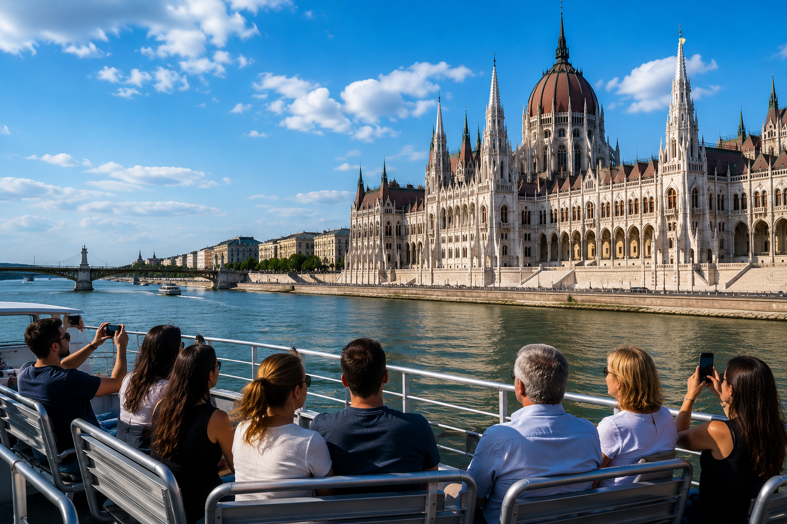 Passengers enjoying a daytime Budapest Danube cruise with clear views of the Hungarian Parliament Building.