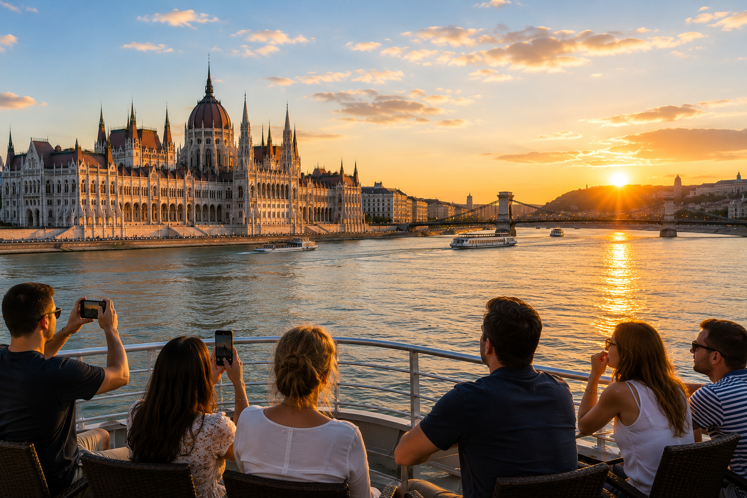 Passengers photographing the Hungarian Parliament Building and Chain Bridge during a Budapest Danube cruise at sunset.