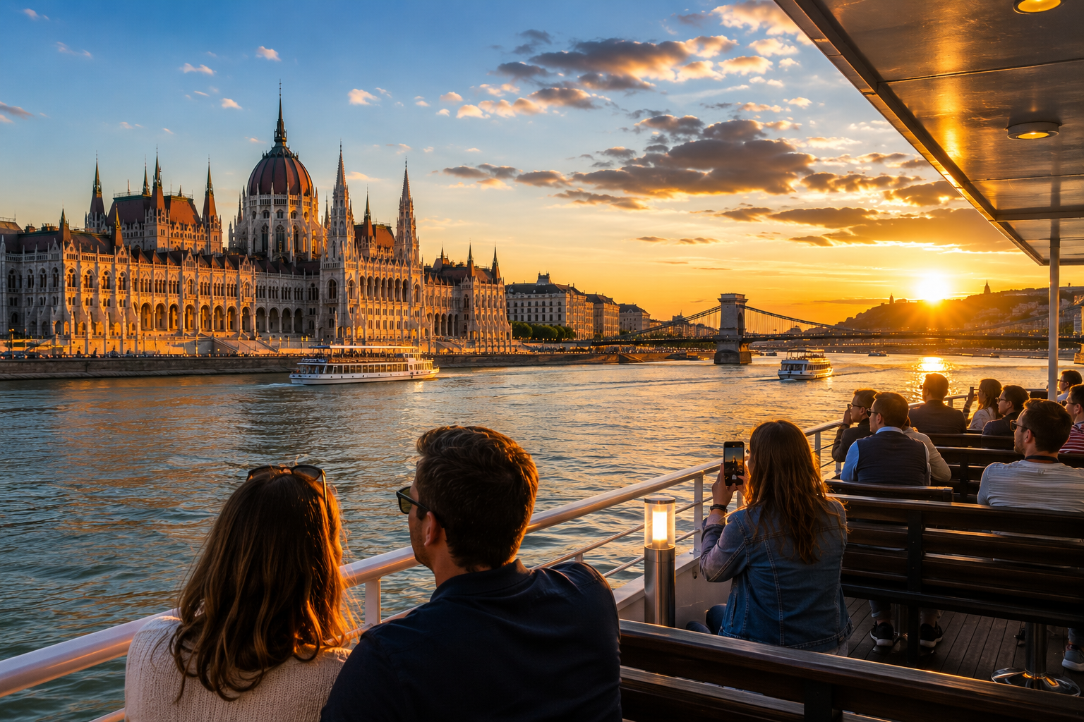 Passengers enjoying a Budapest Danube cruise at sunset with views of the Hungarian Parliament Building and Chain Bridge.