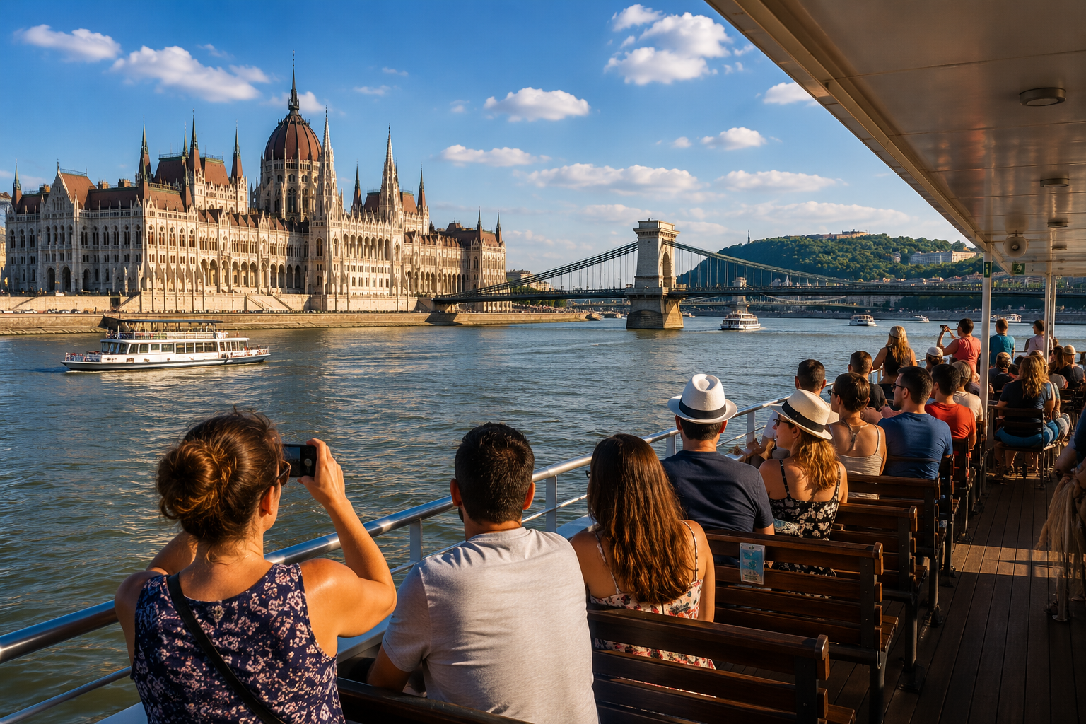 Passengers enjoying a summer Budapest Danube cruise with daytime views of the Hungarian Parliament Building and Chain Bridge.