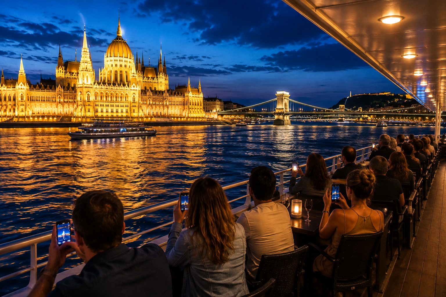 Passengers enjoying a Budapest Danube night cruise with illuminated views of the Hungarian Parliament Building and Chain Bridge.
