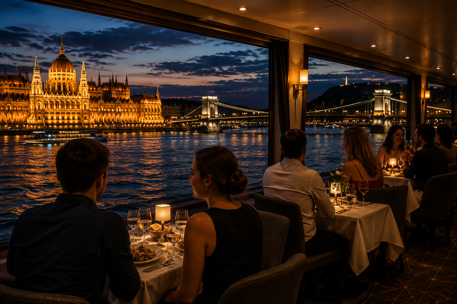 Couples enjoying a Budapest Danube dinner cruise at night with views of the illuminated Hungarian Parliament Building and Chain Bridge.