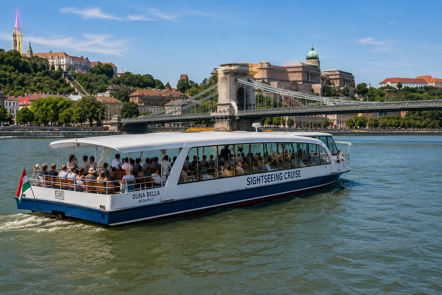 Daytime Budapest Danube sightseeing cruise passing Chain Bridge and Buda Castle with passengers enjoying views from the boat.