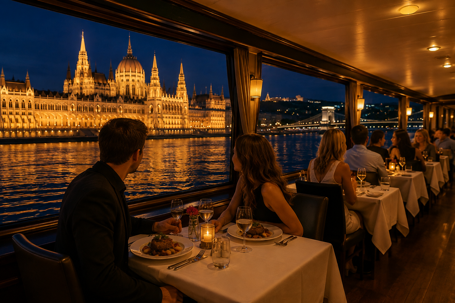 Couple enjoying a Budapest Danube dinner cruise at night with illuminated views of the Hungarian Parliament Building and Chain Bridge.