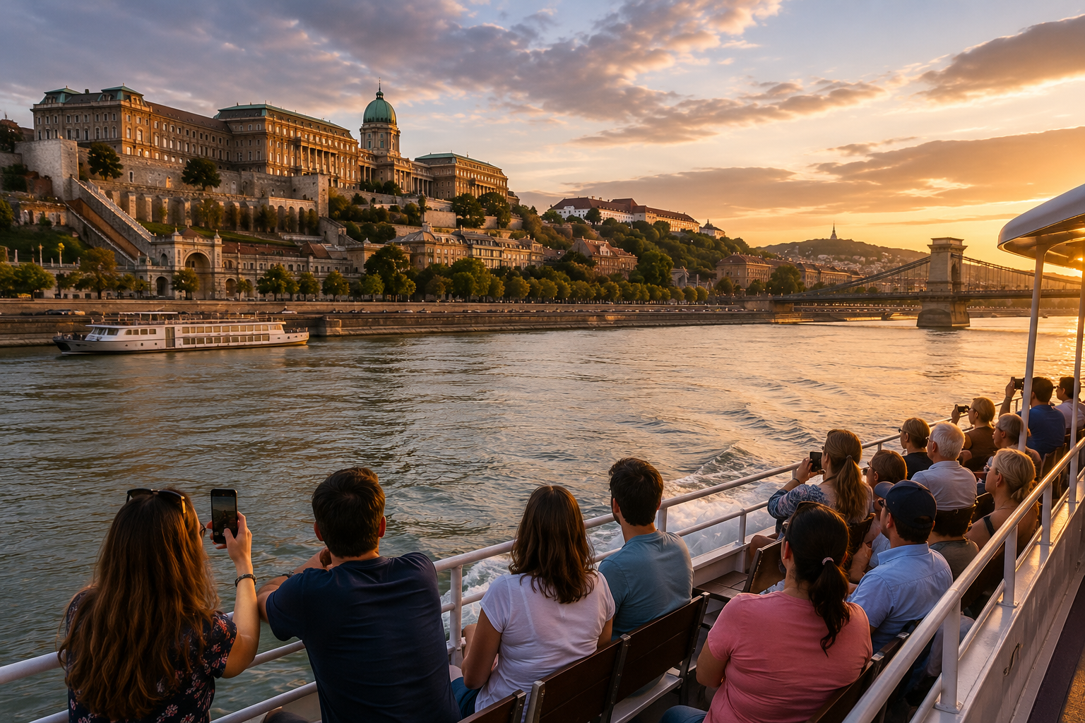 Passengers viewing Buda Castle and Castle Hill from a Budapest Danube cruise during the evening.